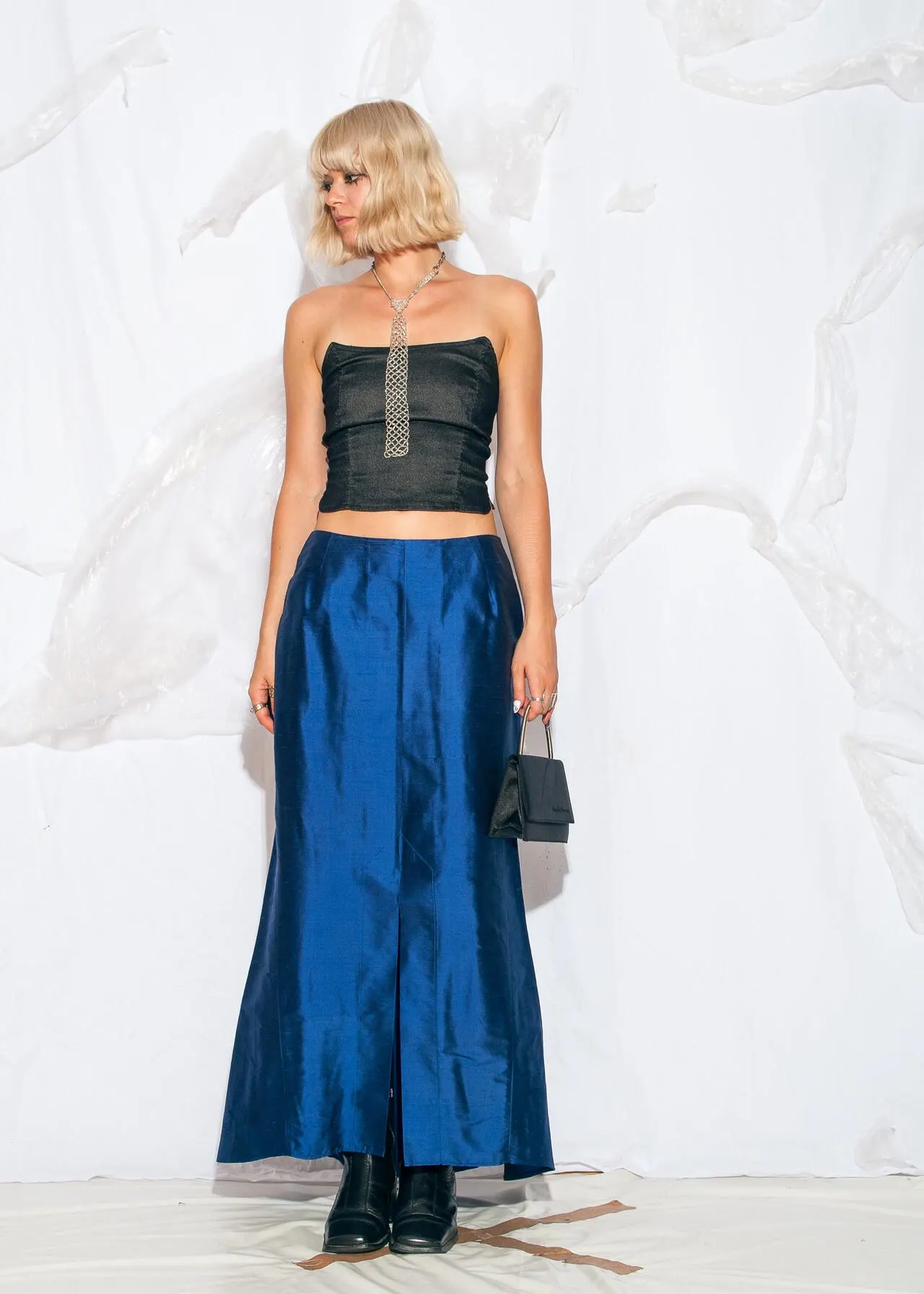 Cobalt Blue Satin Side Slit Maxi Dress