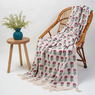 Cream Flower Tree Pattern Fringed Throw Blanket