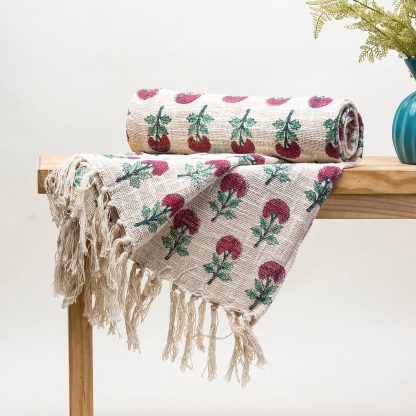 Cream Flower Tree Pattern Fringed Throw Blanket - Image 2