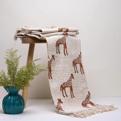 Cream Giraffe Fringed Woven Throw Blanket - Image 4