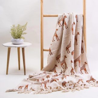 Cream Giraffe Fringed Woven Throw Blanket