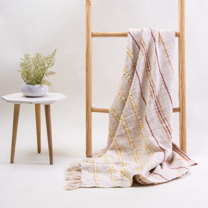 Cream Multi-Striped Fringed Woven Throw Blanket - Image 6