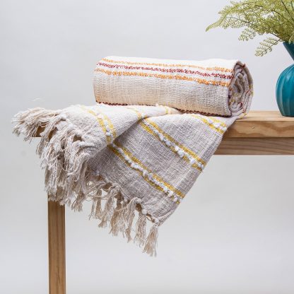 Cream Multi-Striped Fringed Woven Throw Blanket - Image 5