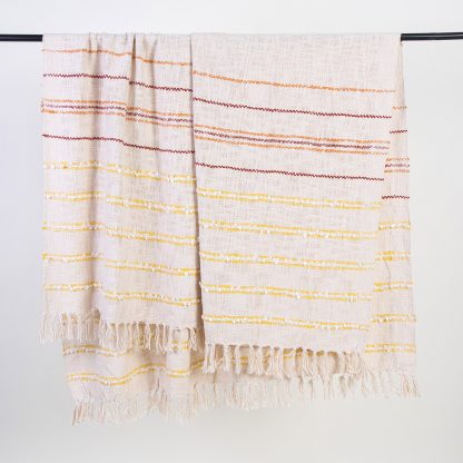 Cream Multi-Striped Fringed Woven Throw Blanket - Image 4