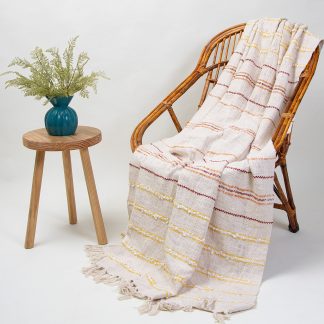 Cream Multi-Striped Fringed Woven Throw Blanket