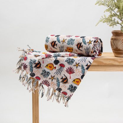 Cream Sea Life Fringed Woven Throw Blanket - Image 7