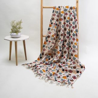 Cream Sea Life Fringed Woven Throw Blanket