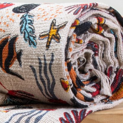 Cream Sea Life Fringed Woven Throw Blanket - Image 5