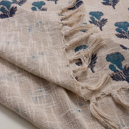 Cream and Blue Floral Tree Tassel Throw Blanket - Image 5