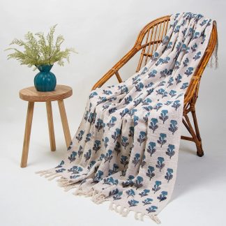 Cream and Blue Floral Tree Tassel Throw Blanket