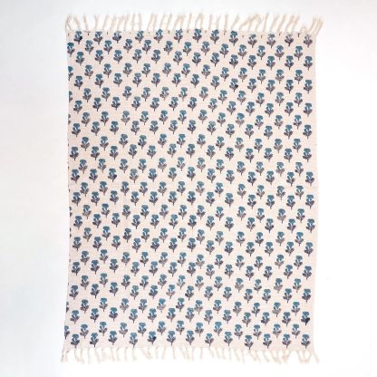 Cream and Blue Floral Tree Tassel Throw Blanket - Image 2
