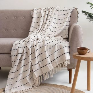 Cream and Navy Dotted Stripe Fringed Throw Blanket