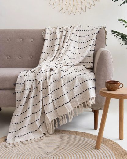Cream and Navy Dotted Stripe Fringed Throw Blanket