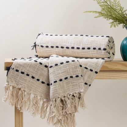 Cream and Navy Dotted Stripe Fringed Throw Blanket - Image 4