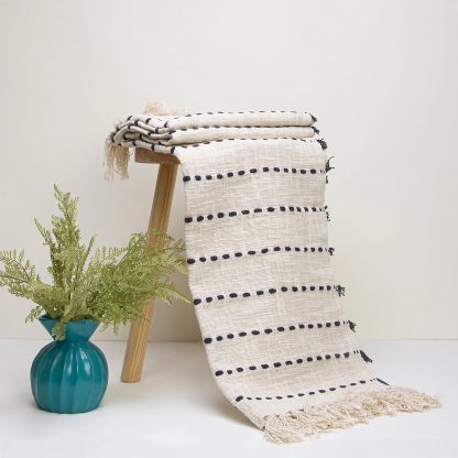 Cream and Navy Dotted Stripe Fringed Throw Blanket - Image 3