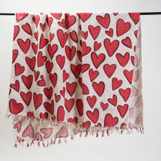 Cream and Red Heart Tassel Woven Throw Blanket