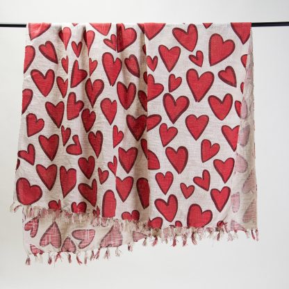 Cream and Red Heart Tassel Woven Throw Blanket