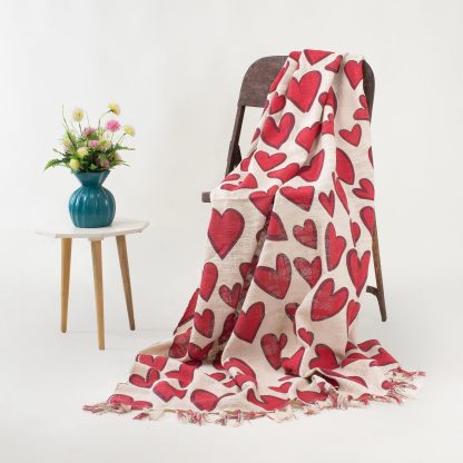 Cream and Red Heart Tassel Woven Throw Blanket - Image 3
