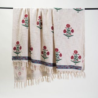 Cream and red floral tassel woven throw blanket