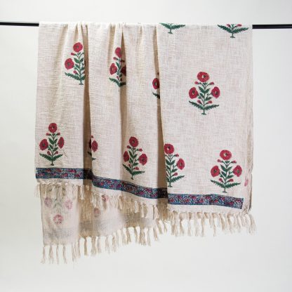 Cream and red floral tassel woven throw blanket