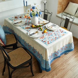 Cream light pattern mist blue flower belt tablecloth