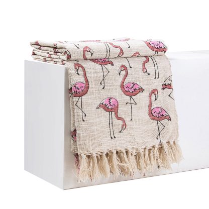 Creamy Pink Flamingo Tassel Woven Throw Blanket - Image 3