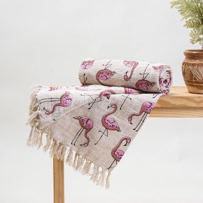 Creamy Pink Flamingo Tassel Woven Throw Blanket - Image 2