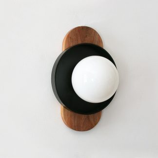 Walnut oval lamp plate and white dome wall lamp