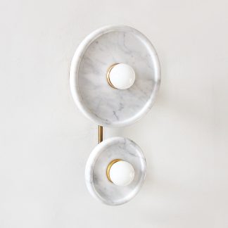 Double marble disc wall lamp with brass pillars