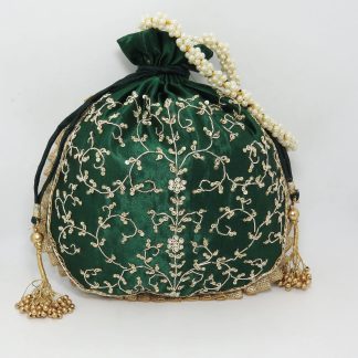 Emerald Velvet Vine Embroidered Potli Bag