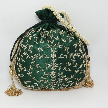 Emerald Velvet Vine Embroidered Potli Bag