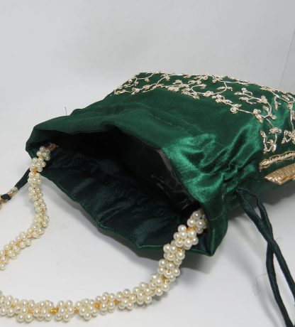 Emerald Velvet Vine Embroidered Potli Bag - Image 3