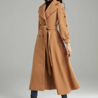 Camel Lace-Up A-Line Coat