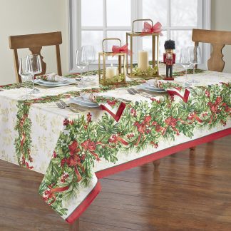 Festive Evergreen and Ribbon Tablecloth