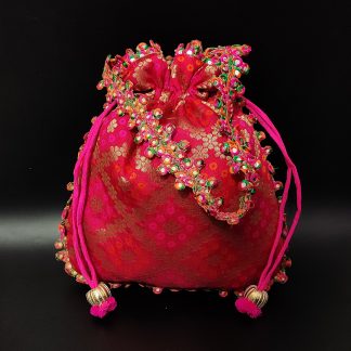 Fuchsia Brocade Pom-Pom Trim Potli Bag