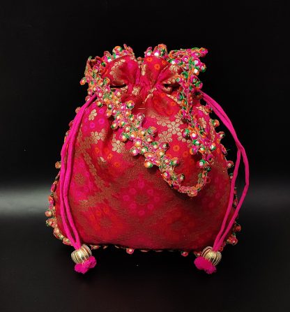 Fuchsia Brocade Pom-Pom Trim Potli Bag