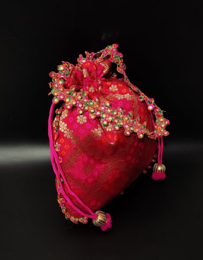 Fuchsia Brocade Pom-Pom Trim Potli Bag - Image 3