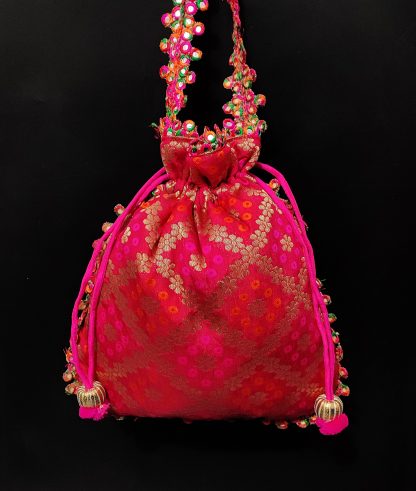 Fuchsia Brocade Pom-Pom Trim Potli Bag - Image 2