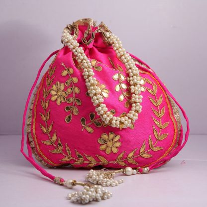 Fuchsia Potli Bag with Gold Foil Appliques - Image 8