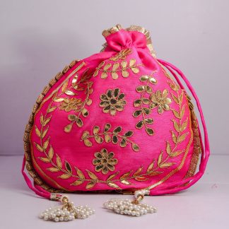 Fuchsia Potli Bag with Gold Foil Appliques