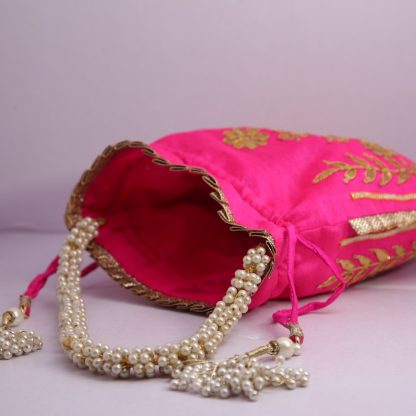 Fuchsia Potli Bag with Gold Foil Appliques - Image 6