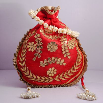 Fuchsia Potli Bag with Gold Foil Appliques - Image 5