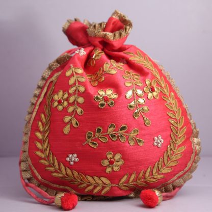 Fuchsia Potli Bag with Gold Foil Appliques - Image 4