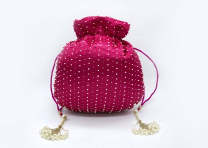 Fuchsia Velvet Leaf Beaded Potli Bag - Image 5