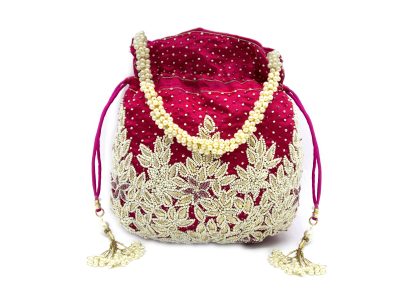 Fuchsia Velvet Leaf Beaded Potli Bag - Image 4