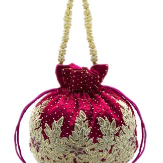 Fuchsia Velvet Leaf Beaded Potli Bag