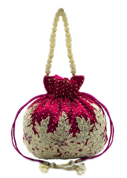 Fuchsia Velvet Leaf Beaded Potli Bag