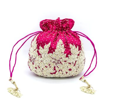 Fuchsia Velvet Leaf Beaded Potli Bag - Image 2