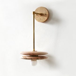Wood grain disc and brass pendant wall light