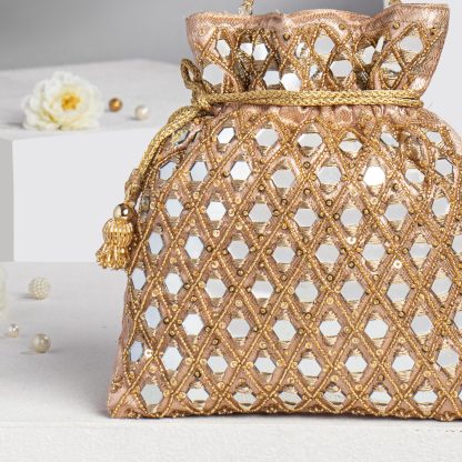 Gold Check Mirror Finish Potli Bag - Image 3